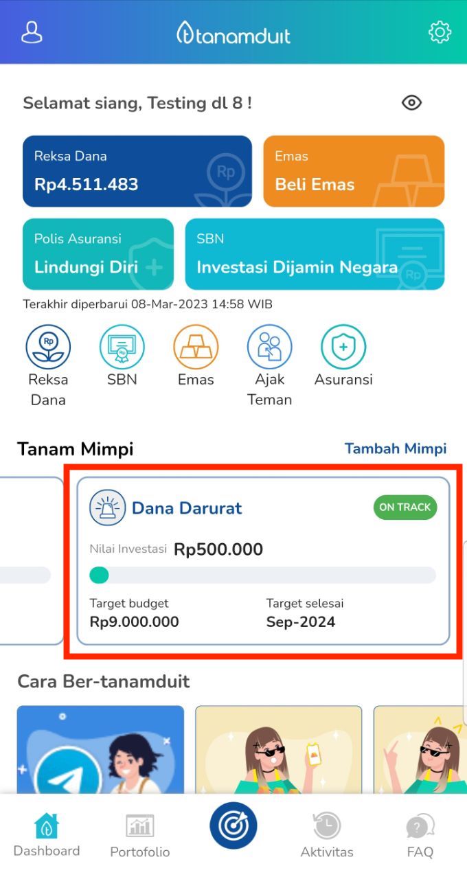 tampilan portofolio mimpi pada dashboard tanamduit