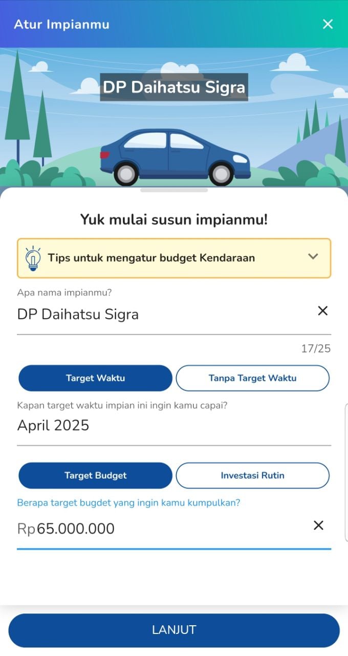 masukkan target dana dan waktu mencapainya