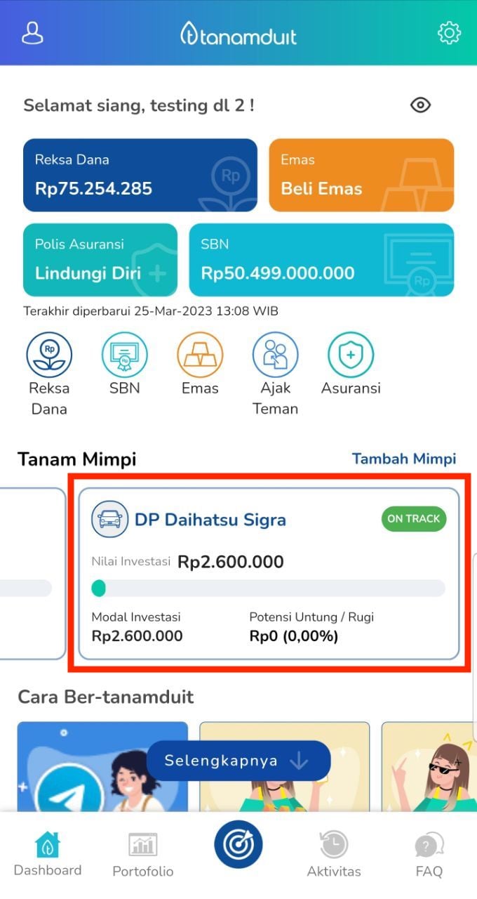 tampilan portofolio mimpi beli mobil pada dashboard tanamduit