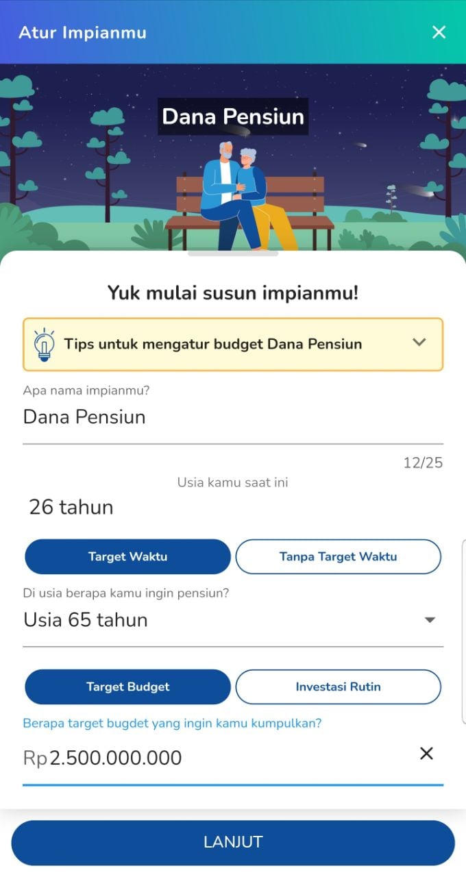 masukkan target dana pensiun yang ingin dicapai