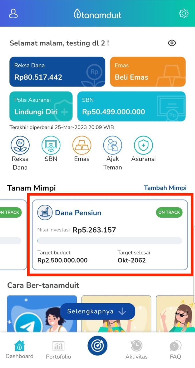 tampilan portofolio dana pensiun pada tampilan mimpi