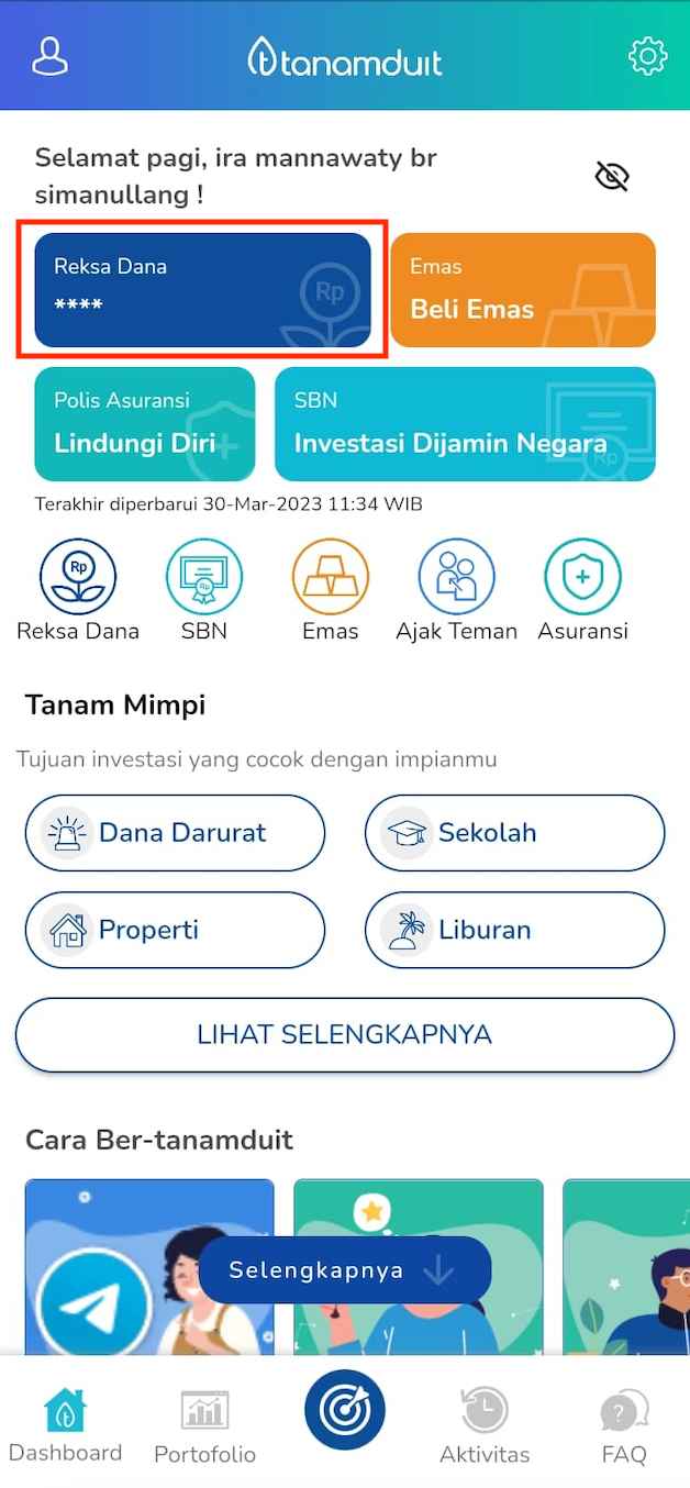 klik button reksa dana di dashboard tanamduit