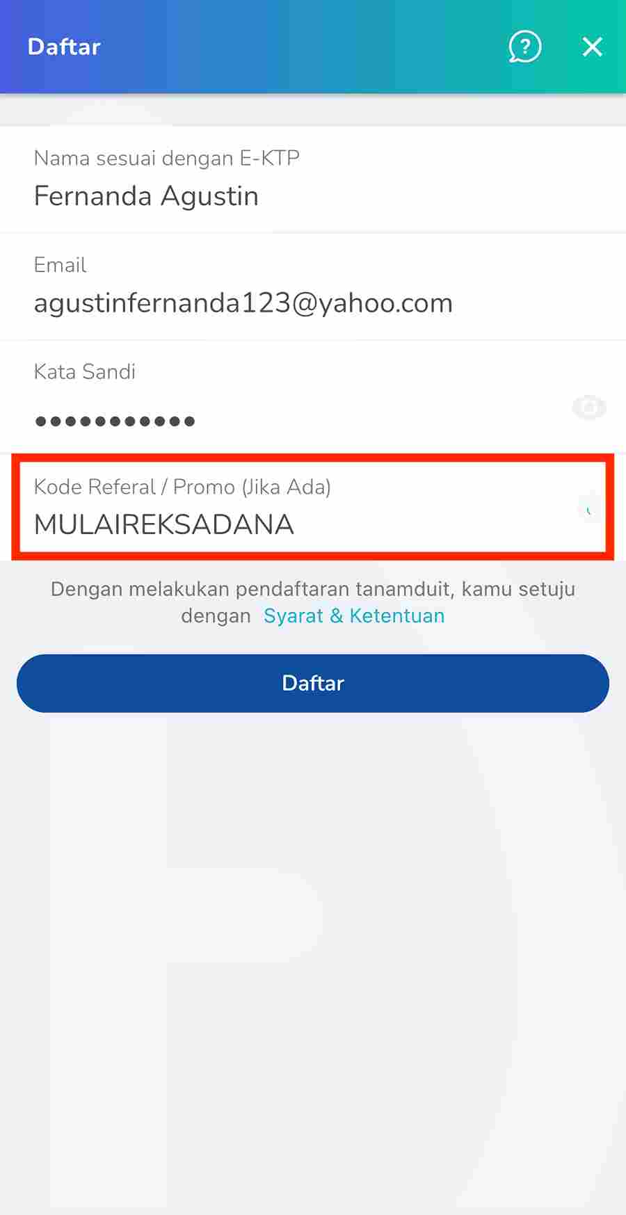 masukkan kode referal MULAIREKSADANA