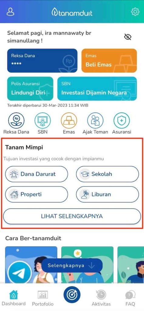 pilih mimpi yang ingin dibuat di aplikasi tanamduit