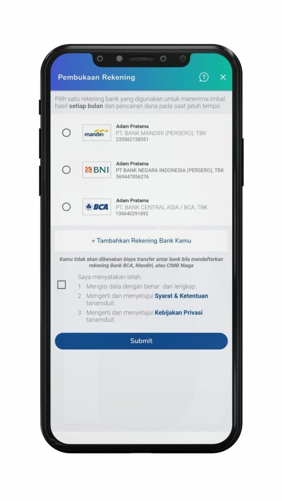 pilih rekening penerima dana imbal hasil sukuk ritel